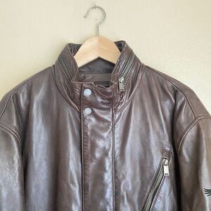 BH Vintage XXL Leather Men's Coat Brown Collar Hood Pockets Snaps And Zipper